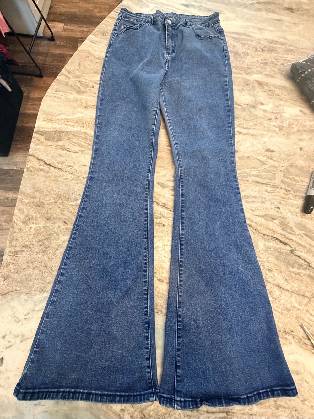 SHEIN Large 8/10 High Rise Flare Jeans Medium Wash Bell Bottom Stretch Denim